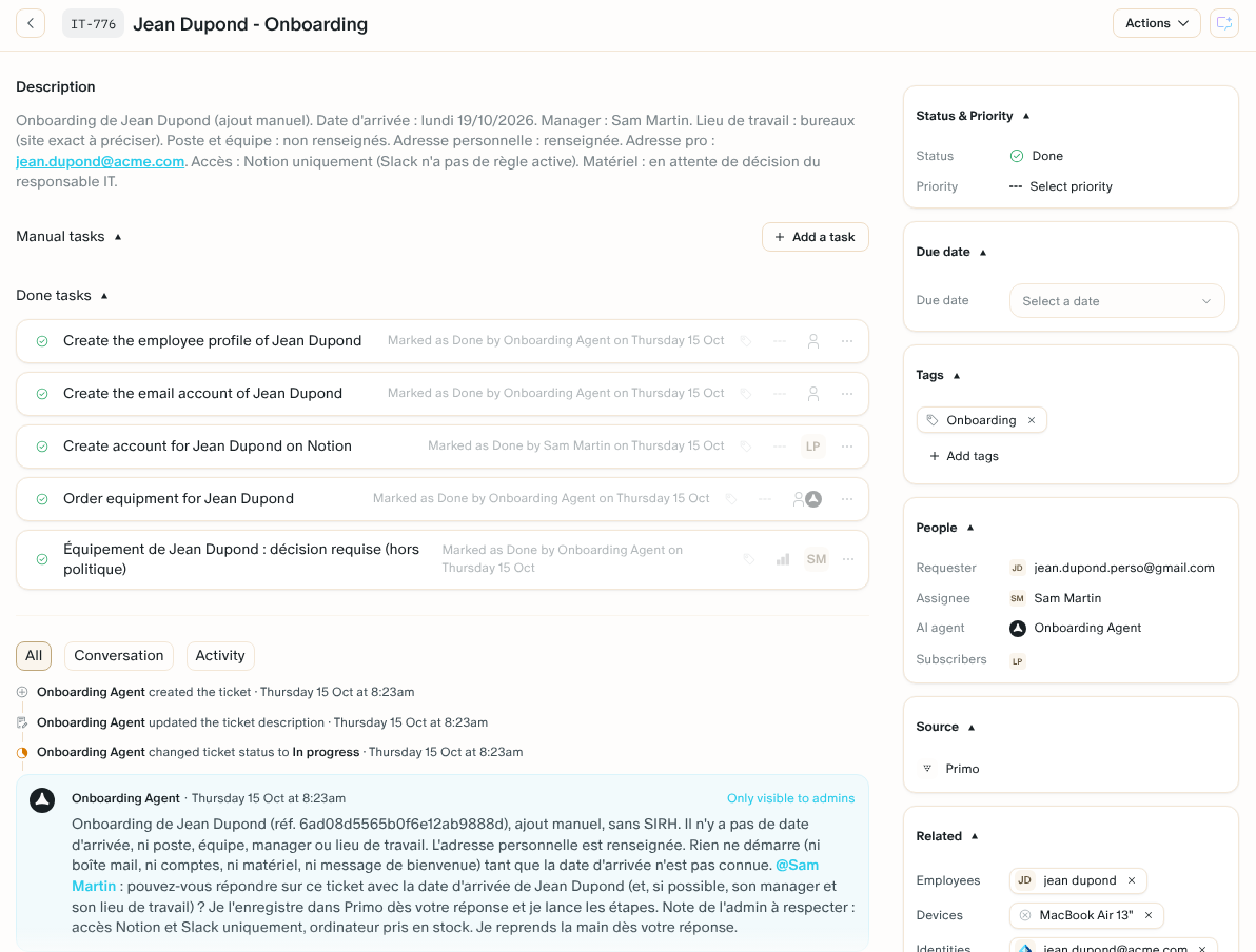 An onboarding ticket opened by the Onboarding Agent: its description, the step tasks, and the internal comment of its first run