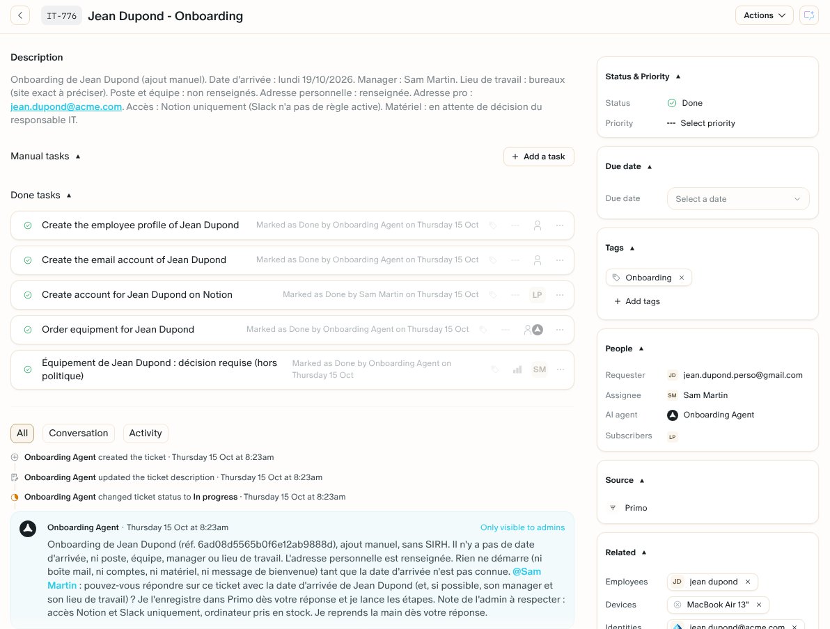 An onboarding ticket opened by the Onboarding Agent: its description, the step tasks, and the internal comment of its first run