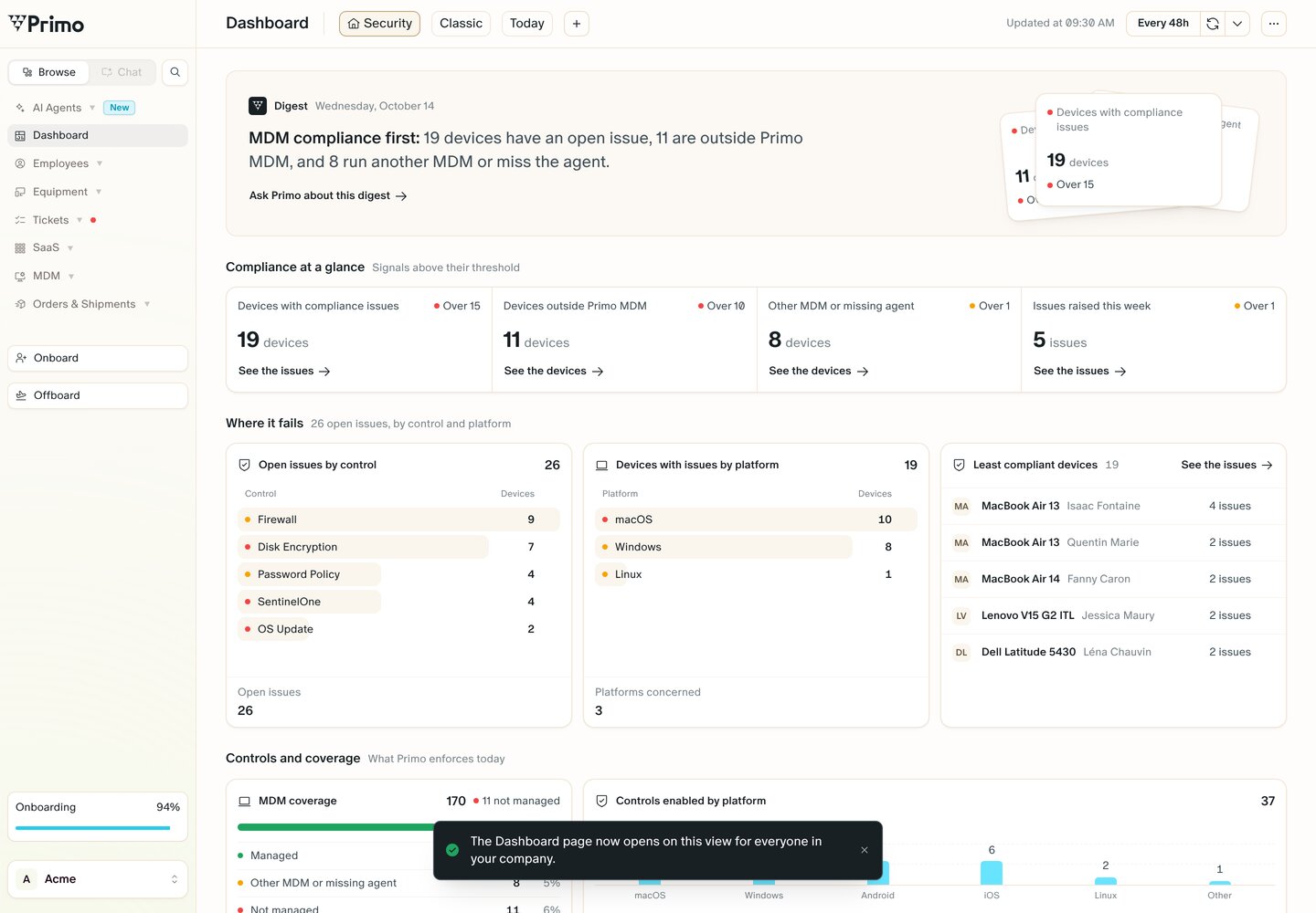 The Security dashboard made home: it shows the house icon in the leftmost tab, and a message confirms the Dashboard page now opens on this view for everyone in the company.