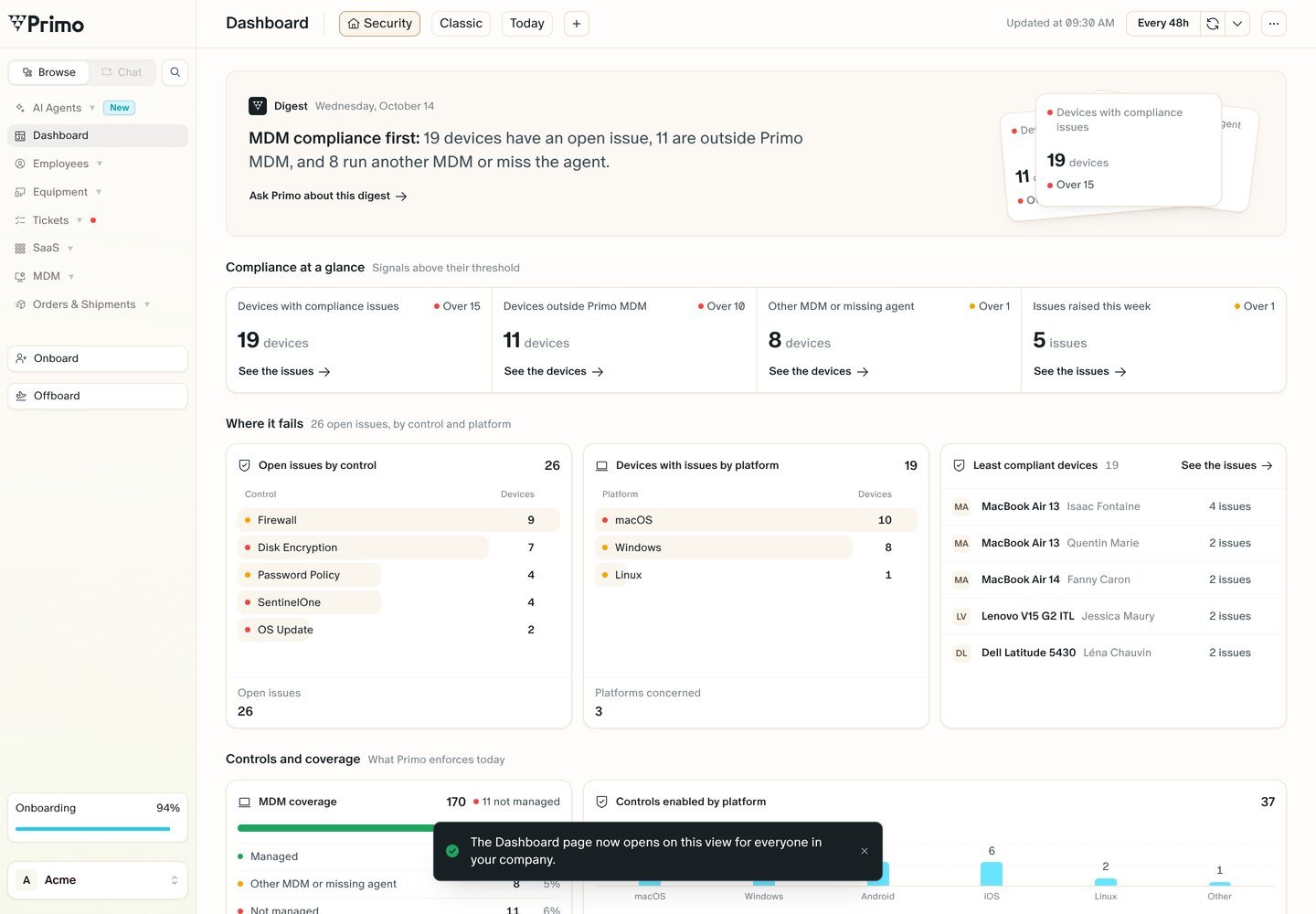 The Security dashboard made home: it shows the house icon in the leftmost tab, and a message confirms the Dashboard page now opens on this view for everyone in the company.