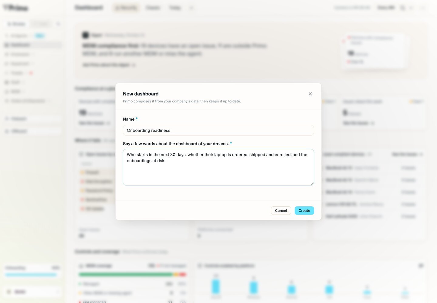 The New dashboard modal with a Name field and a description of the dashboard to compose.
