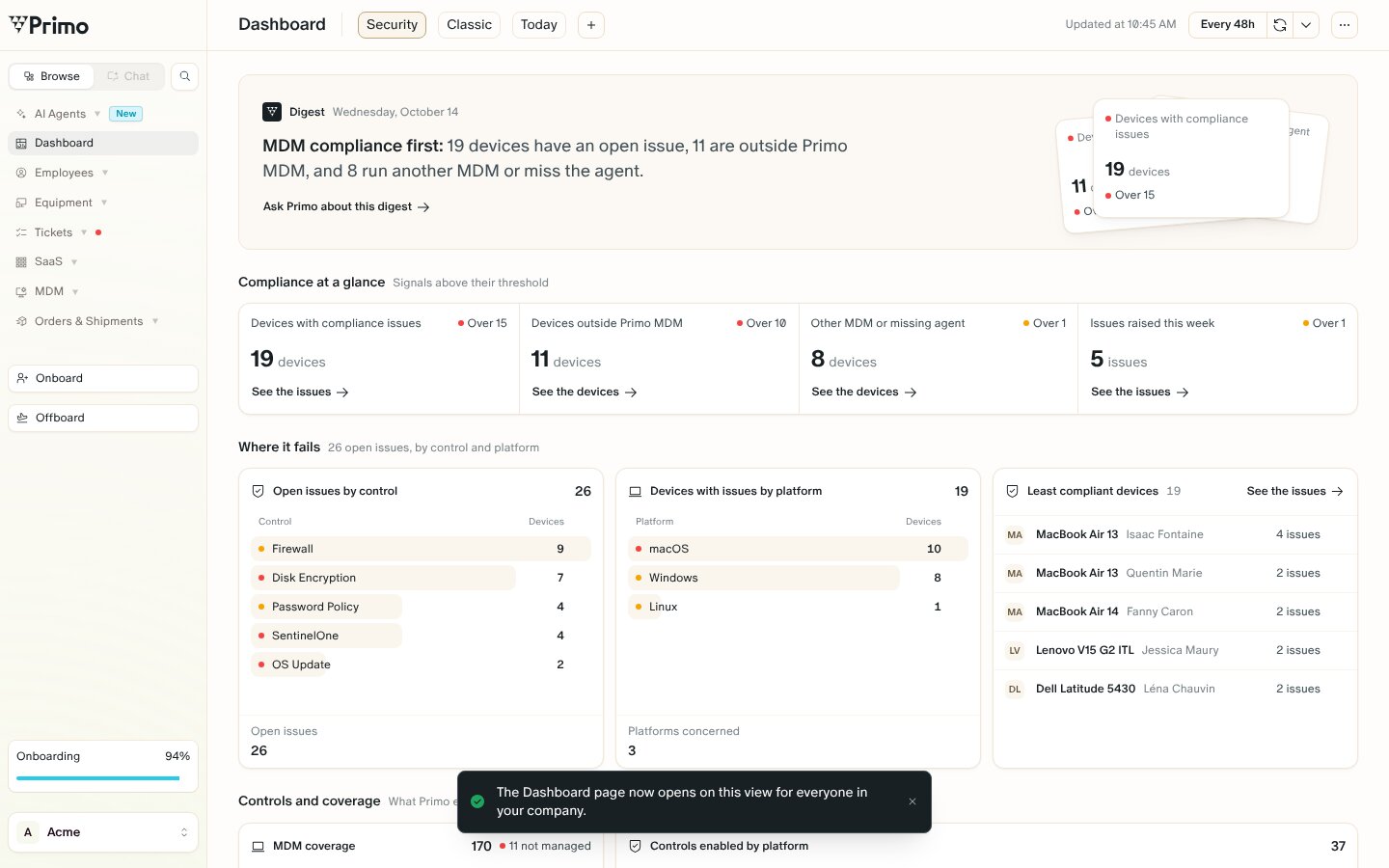 The Security dashboard pinned in the leftmost tab, before Classic and Today, with a message that confirms the Dashboard page now opens on this view for everyone in the company.