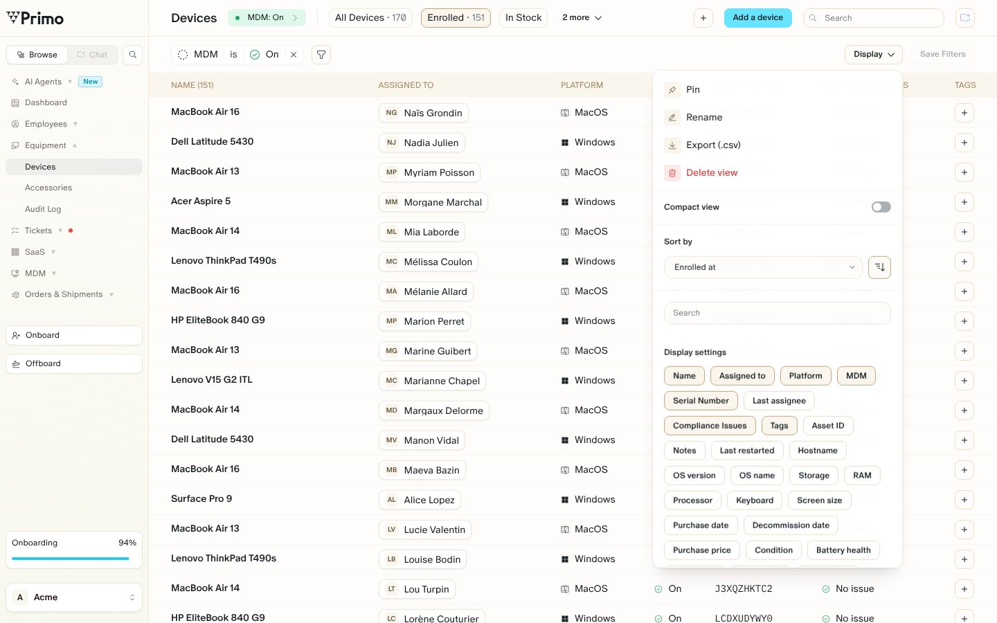 The Devices page with the Enrolled view open and the Display menu showing Pin, Rename, Export (.csv) and Delete view.