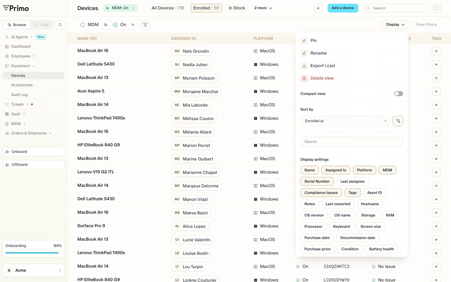 The Devices page with the Enrolled view open and the Display menu showing Pin, Rename, Export (.csv) and Delete view.