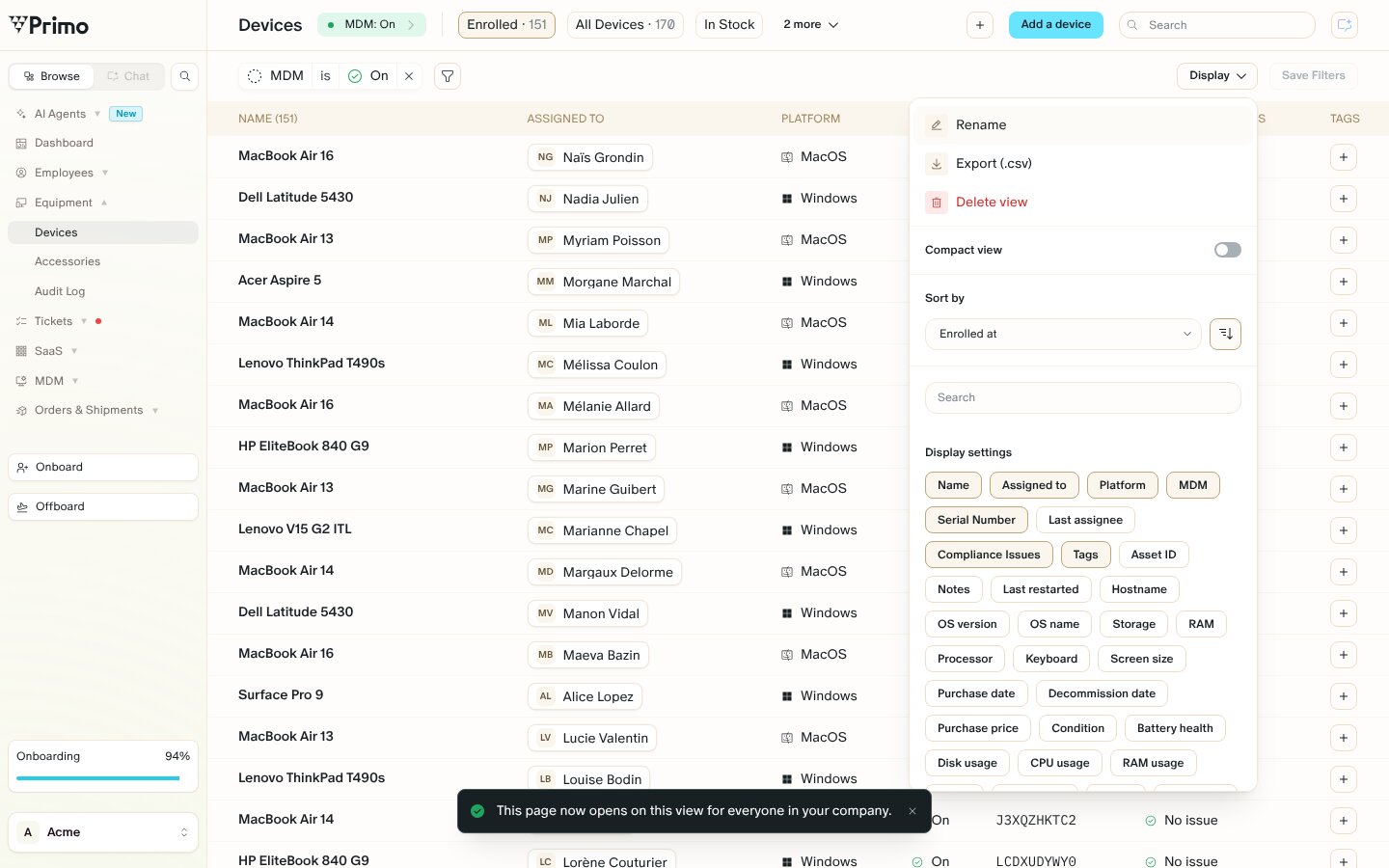 The Enrolled view pinned in the leftmost tab of the Devices page, with a message that confirms the page now opens on this view for everyone in the company.