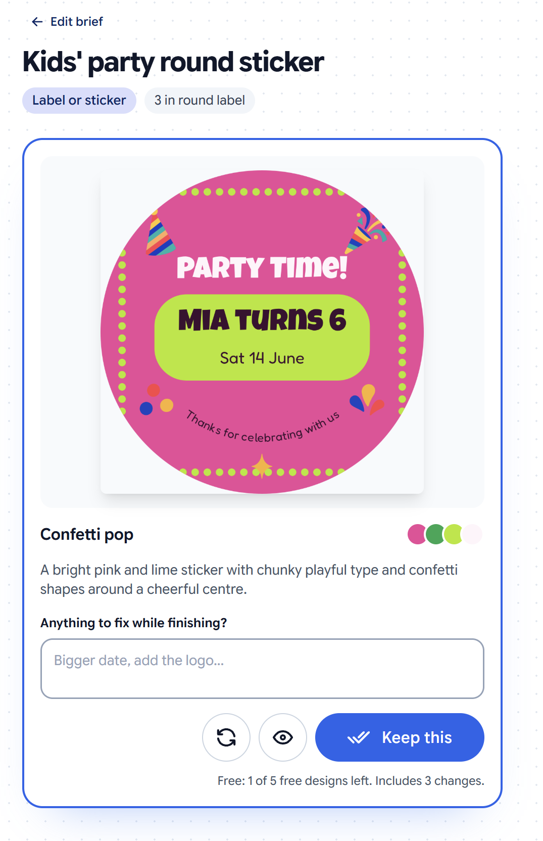 A finished draft card: a round party sticker with its name, palette, a note box and the Keep this button