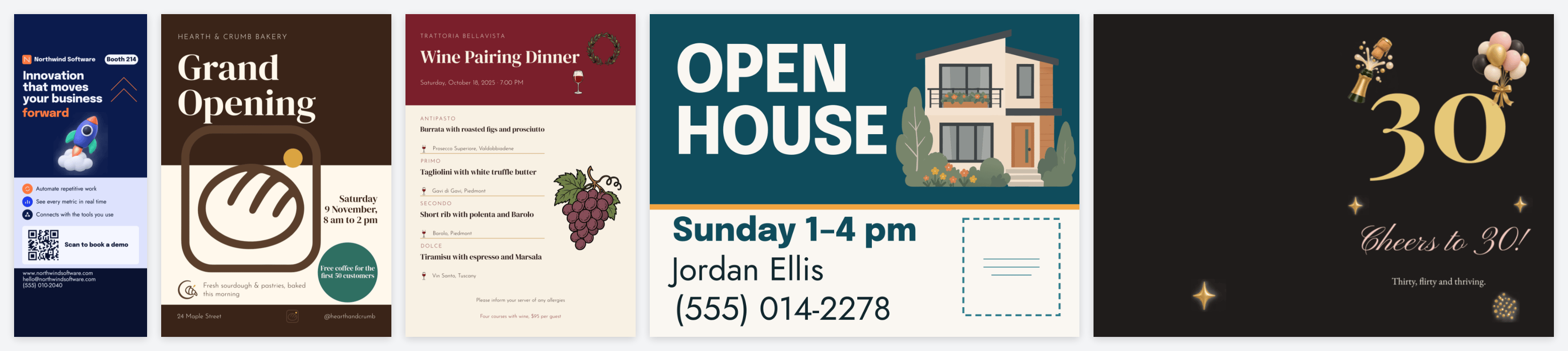 Five Template Studio drafts: a roll-up banner, a bakery flyer, a wine dinner menu, an open-house yard sign and a birthday card
