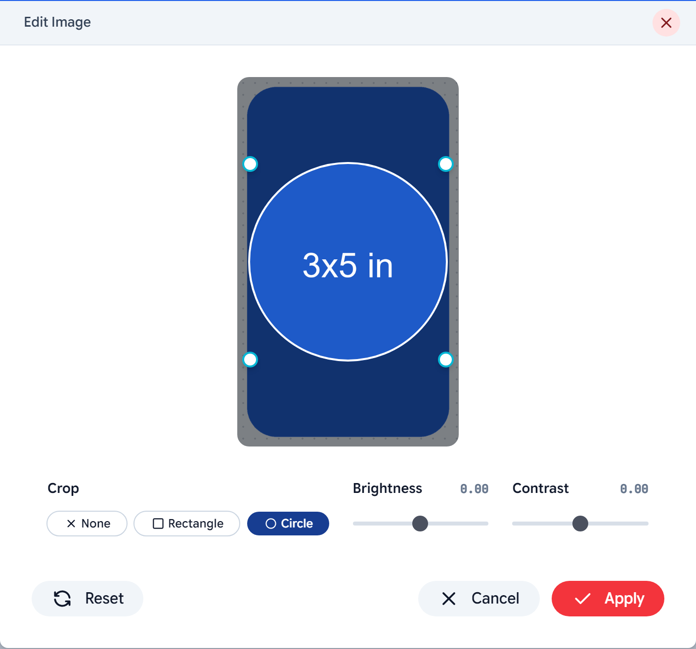 The Edit Image popup: circle crop, brightness and contrast