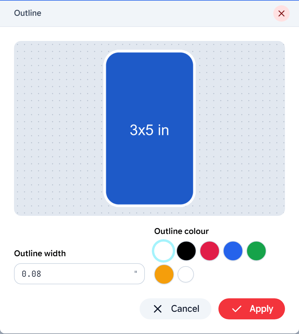The Outline popup: width, colour and a live preview