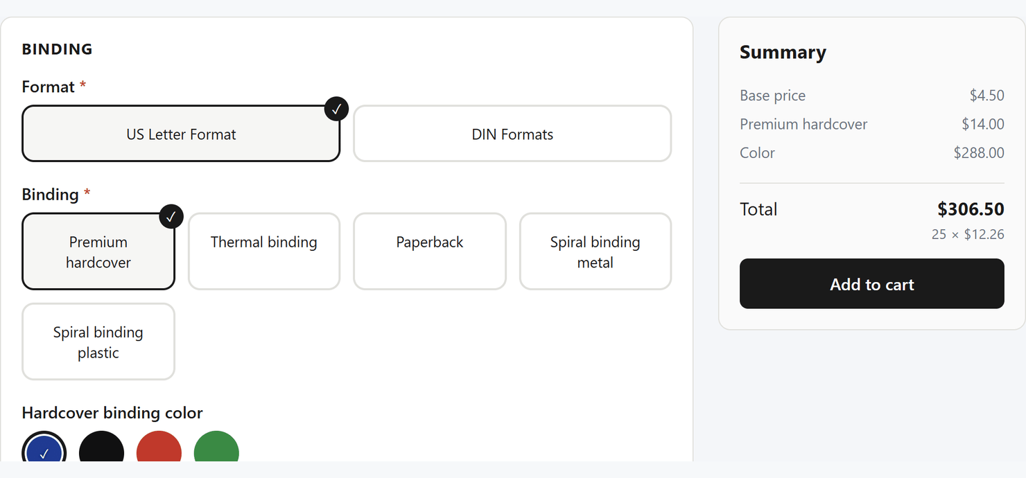 Print Options — live pricing on the product page