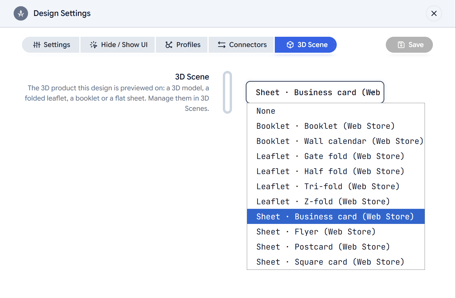The Design Settings window on its 3D Scene tab, with Sheet · Business card (Web Store) chosen from the list of scenes