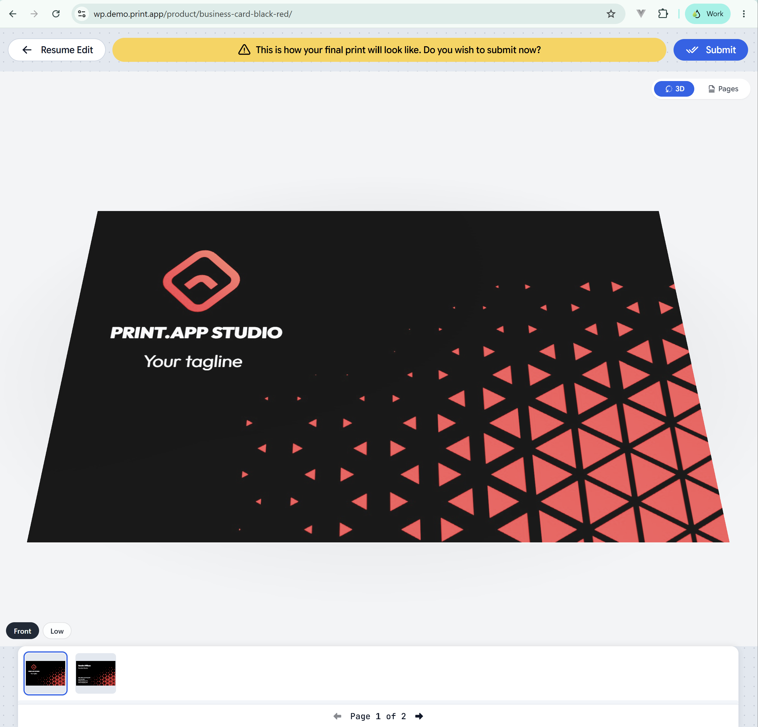 The editor in preview mode showing the customer's business card in 3D, with the 3D and Pages switch, the Front and Low view buttons and the page thumbnails