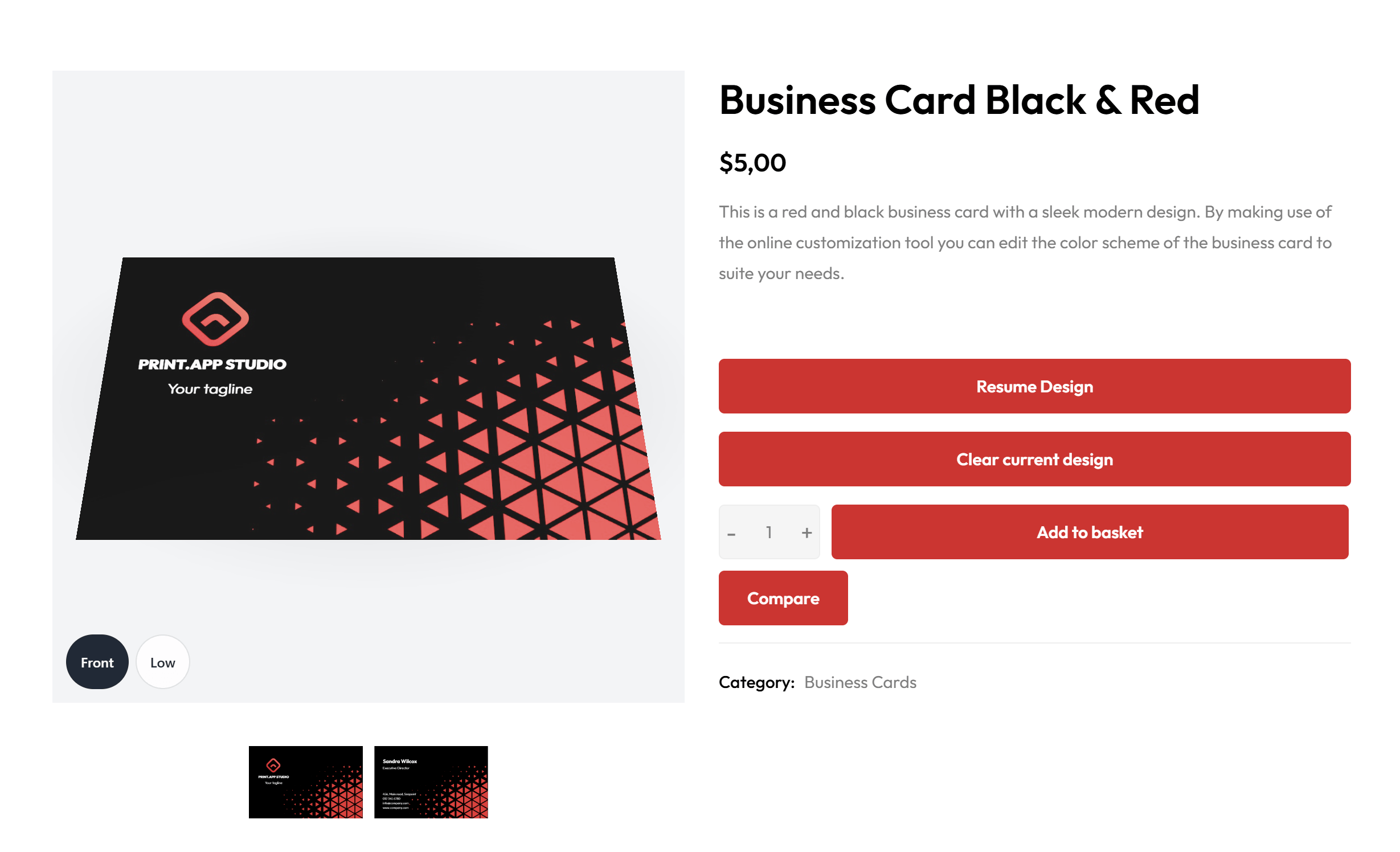 A WooCommerce product page for a black and red business card, where the gallery shows the customer's design on the card with the Front and Low view buttons and the front and back thumbnails below