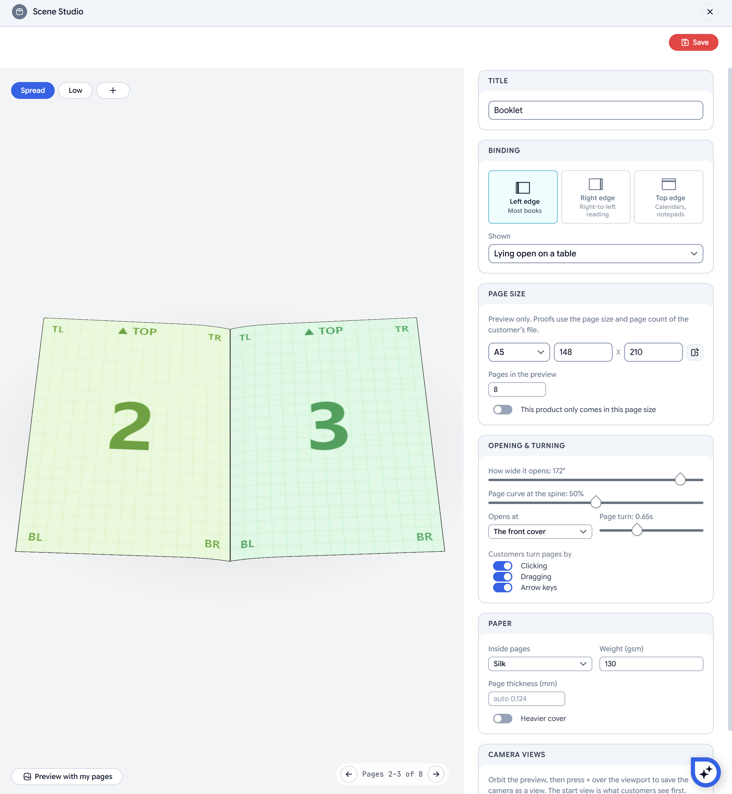 The Scene Studio showing an open booklet on pages 2 and 3, with the Binding, Page size and Opening and turning cards