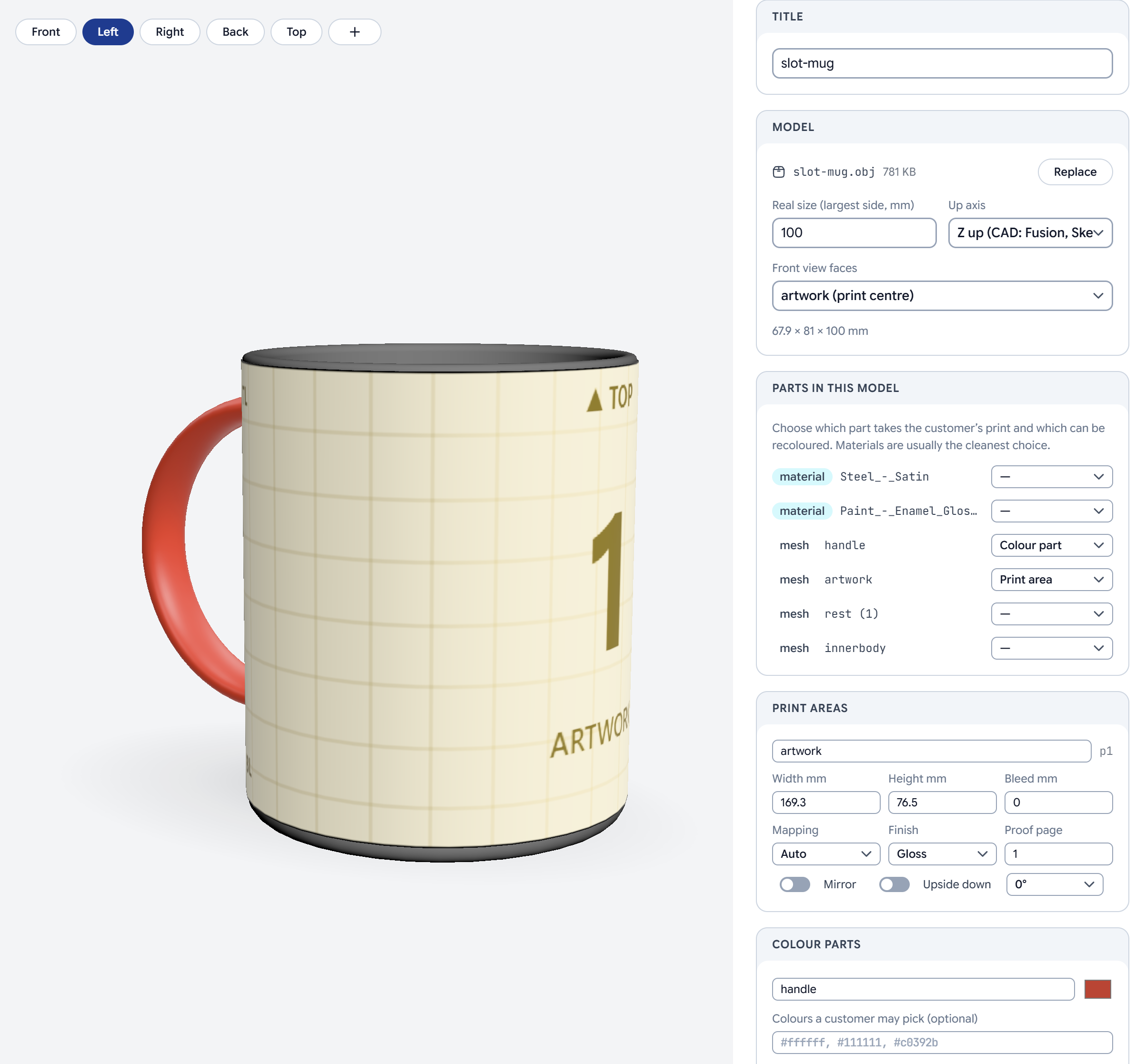 The Scene Studio showing a mug with a numbered test pattern, and the Model and Parts in this model cards