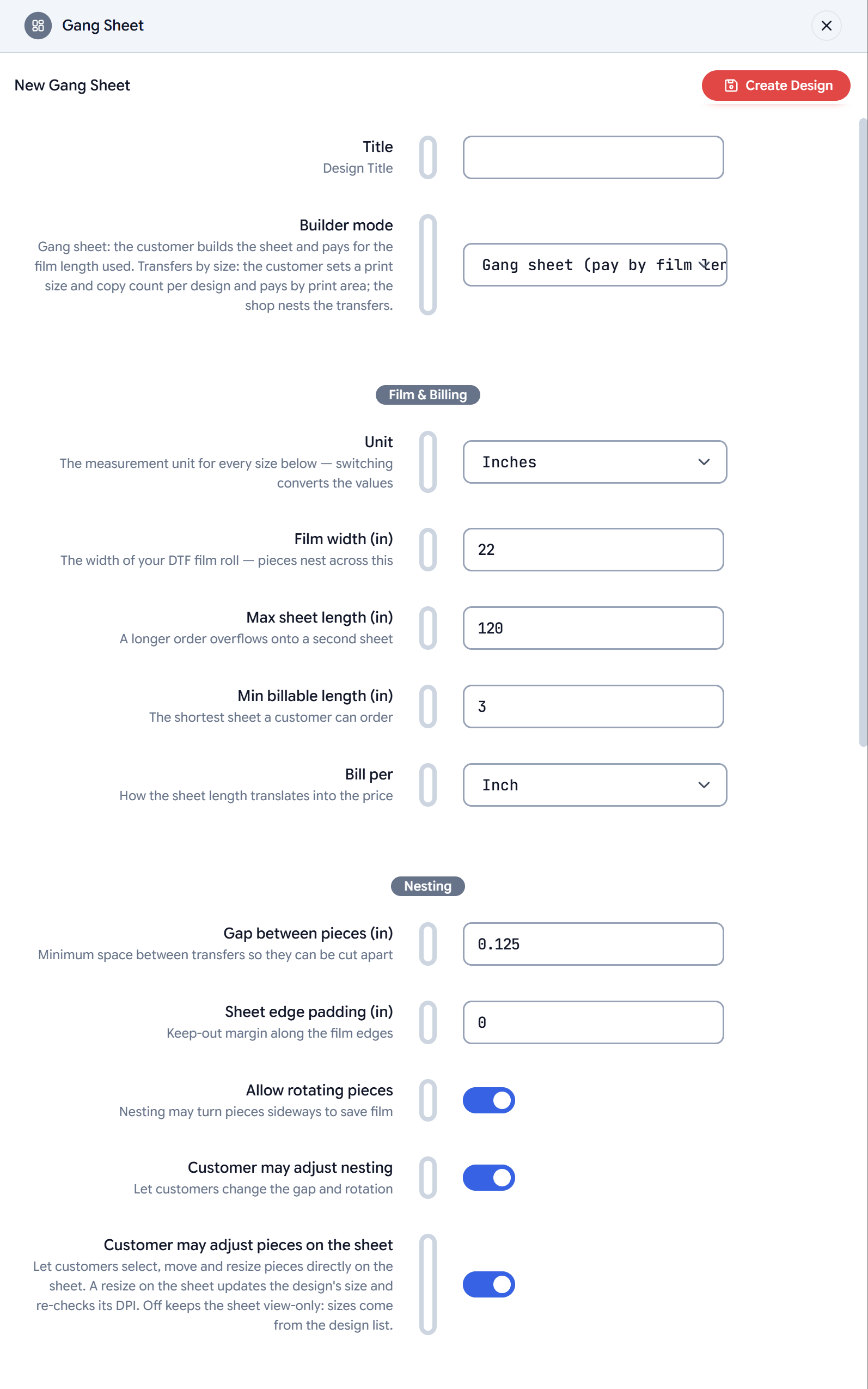 The New Gang Sheet panel in the dashboard: builder mode, film and billing, nesting