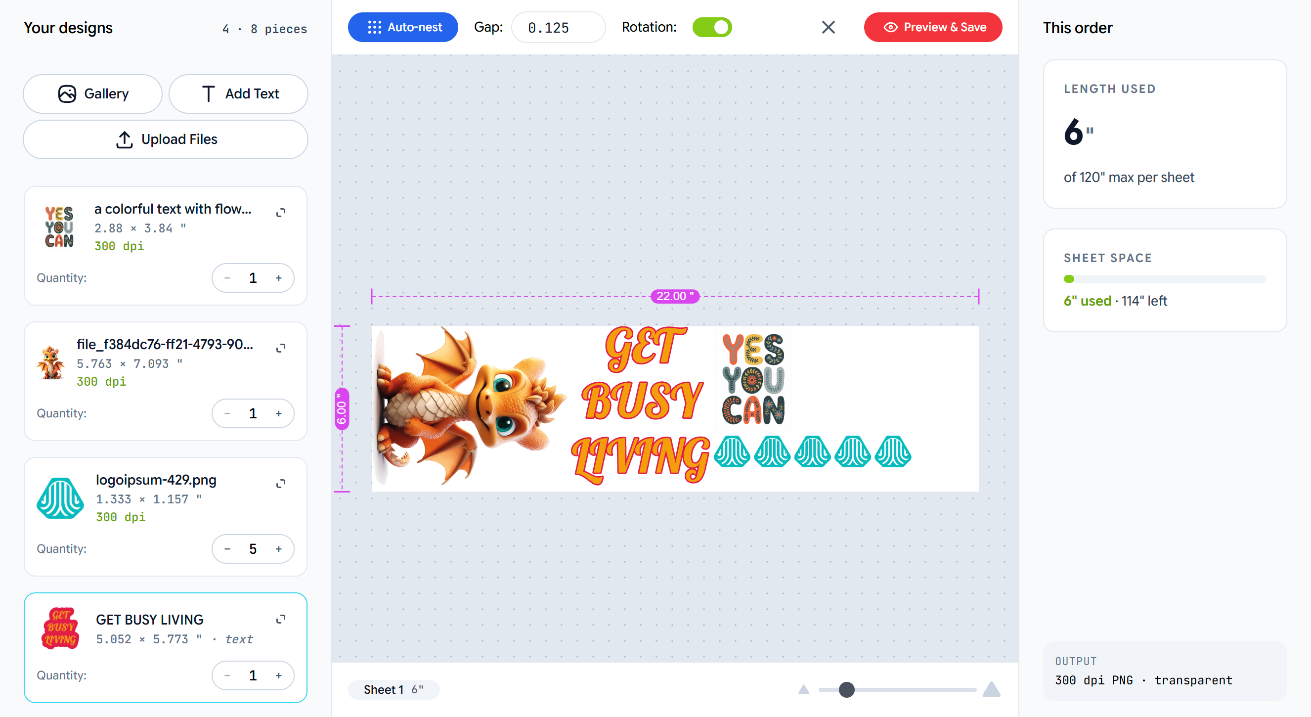 The Gang Sheet Builder — design list, packed sheet and order summary