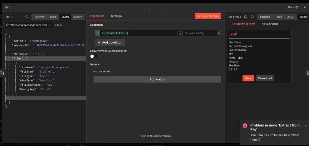 If node configured to check $json.files is not empty