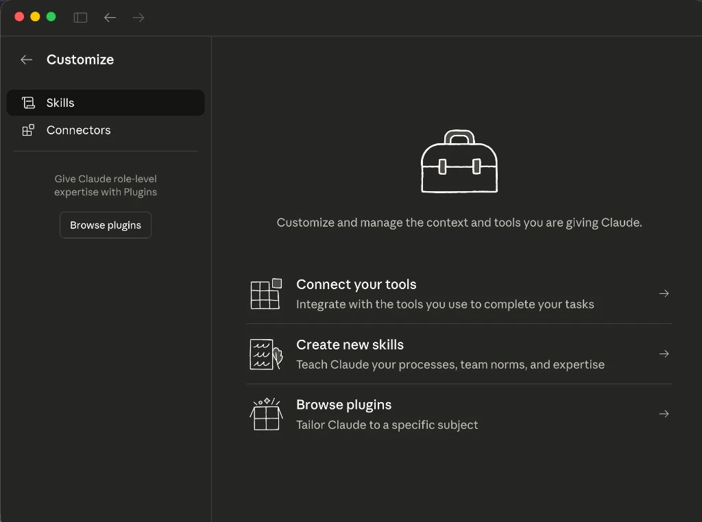 Customize page showing Skills and Connectors