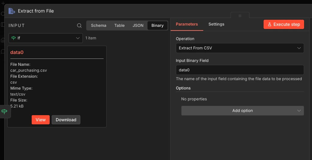 Extract from File node set to Extract From CSV with Input Binary Field data0