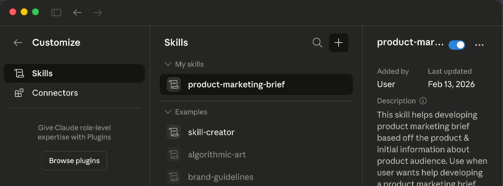 Skills list with the plus button
