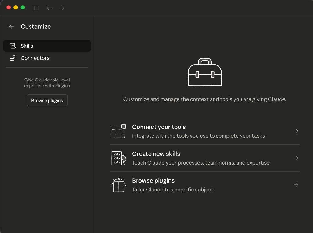 Customize page showing Skills and Connectors