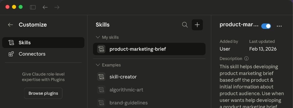 Skills list with the plus button