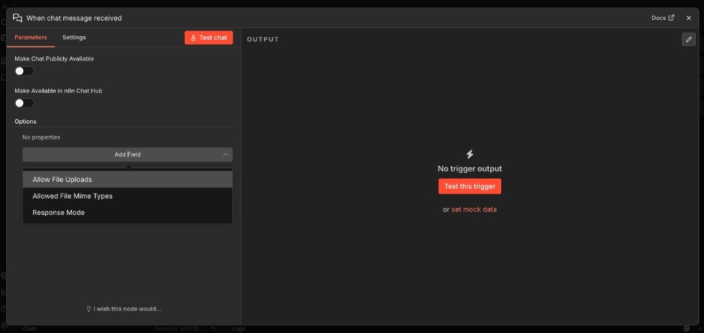 Chat trigger node with Add Field dropdown showing Allow File Uploads option