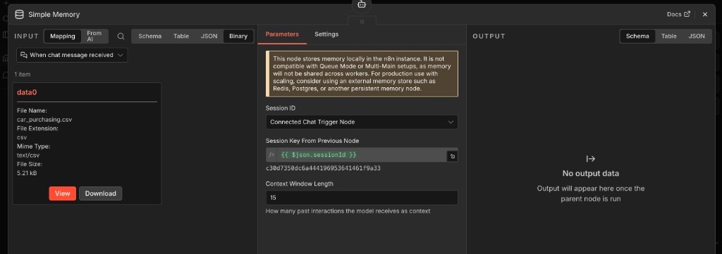 Simple Memory node configured with session ID from chat trigger