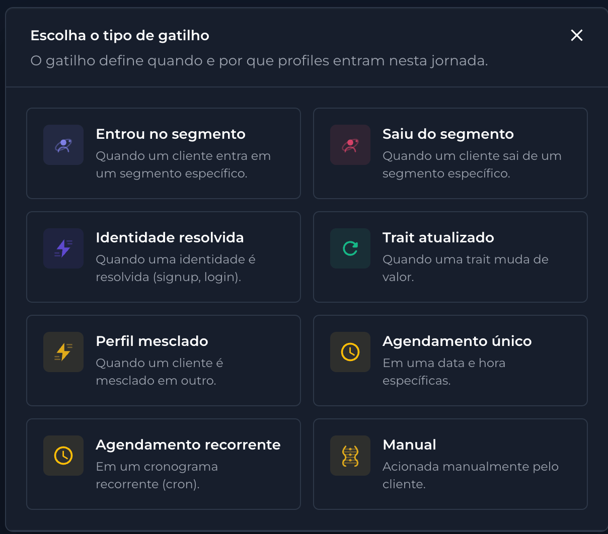 Menu de tipos de gatilho