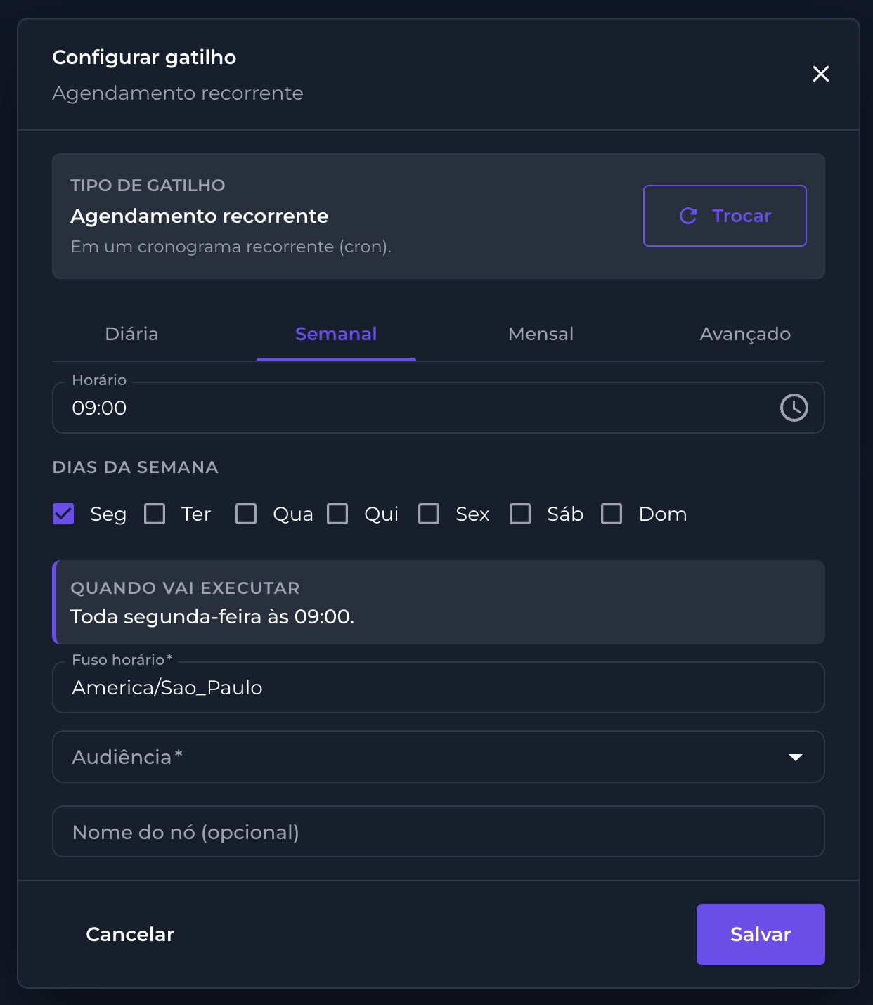 Configuração do gatilho Agendamento recorrente