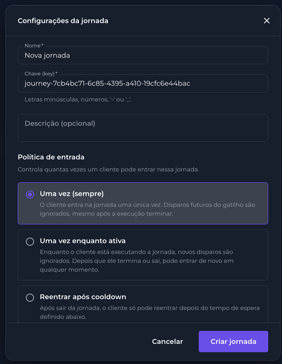 Modal de configurações da jornada
