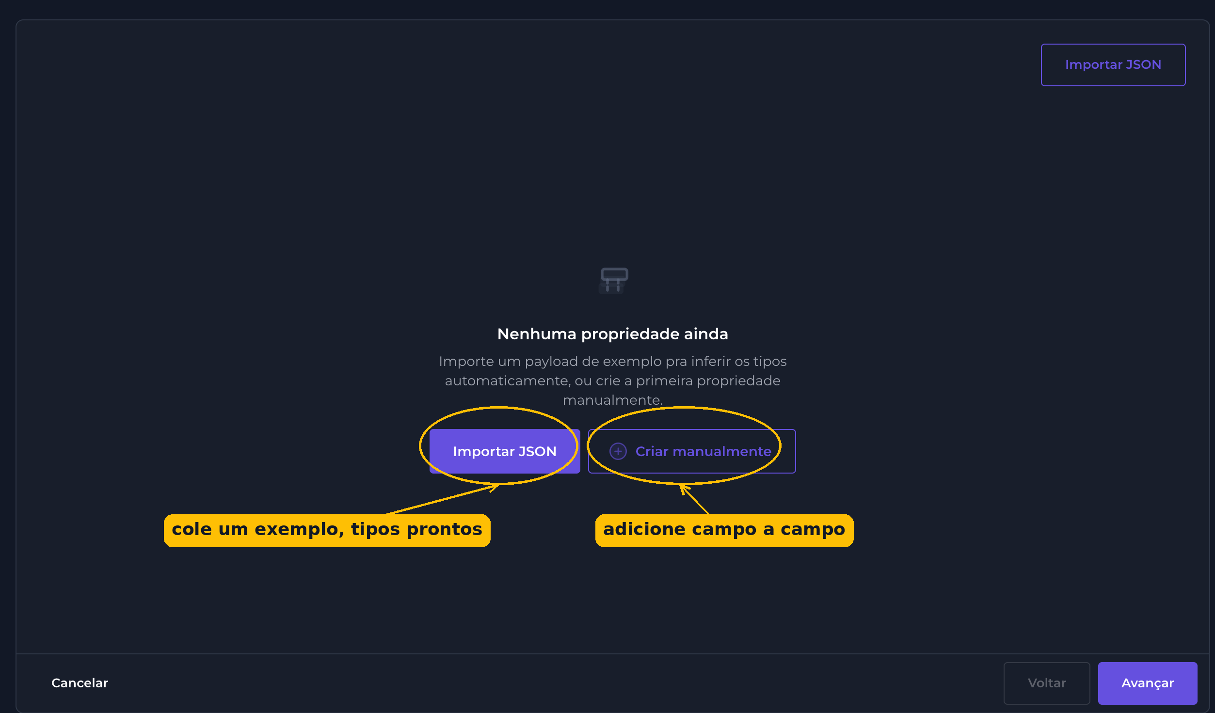 Tela vazia de propriedades com as opções Importar JSON e Criar manualmente