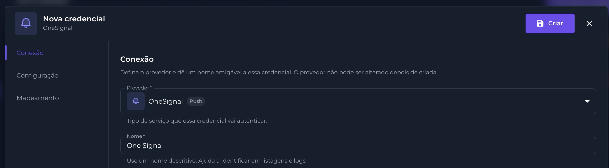 Aba Conexão da nova credencial