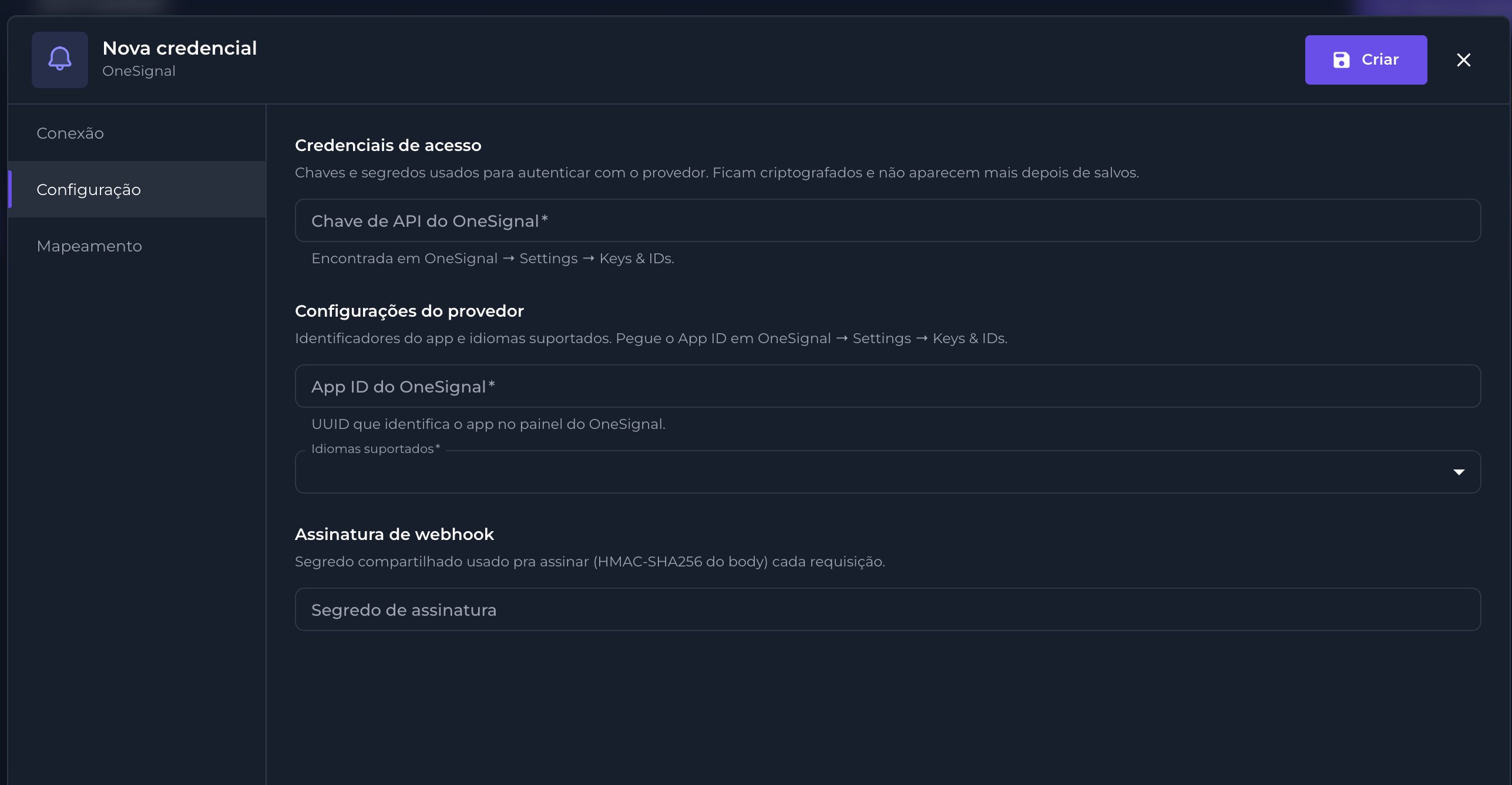 Aba Configuração da credencial OneSignal
