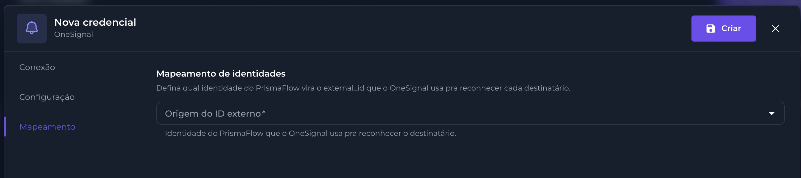 Aba Mapeamento da credencial OneSignal