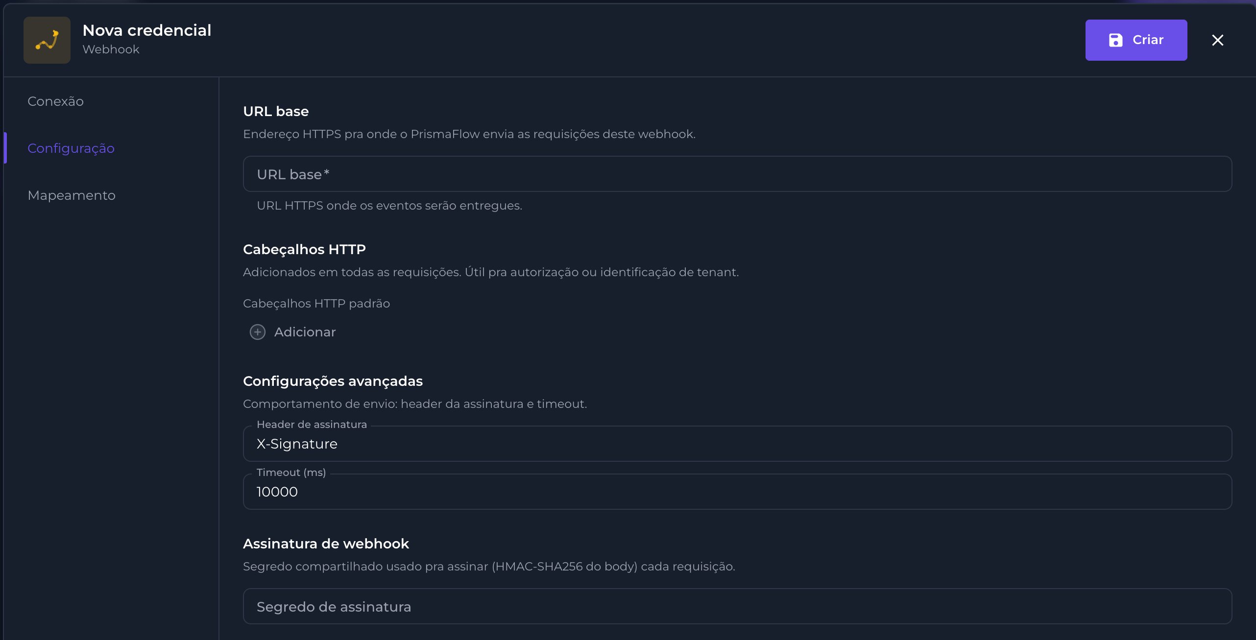 Aba Configuração da credencial Webhook