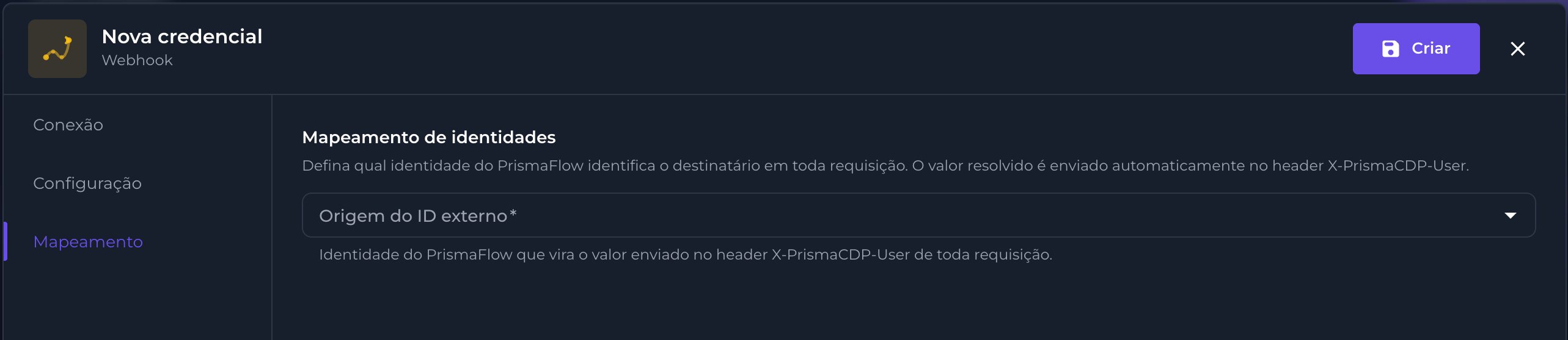 Aba Mapeamento da credencial Webhook