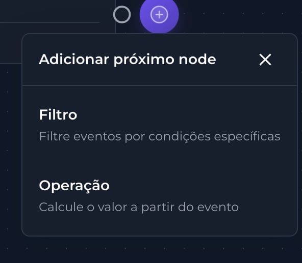 Menu Adicionar próximo node com as opções Filtro e Operação