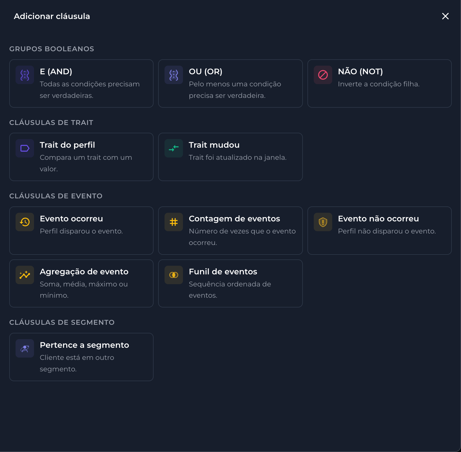 Menu de tipos de cláusula com os grupos E, OU e NÃO