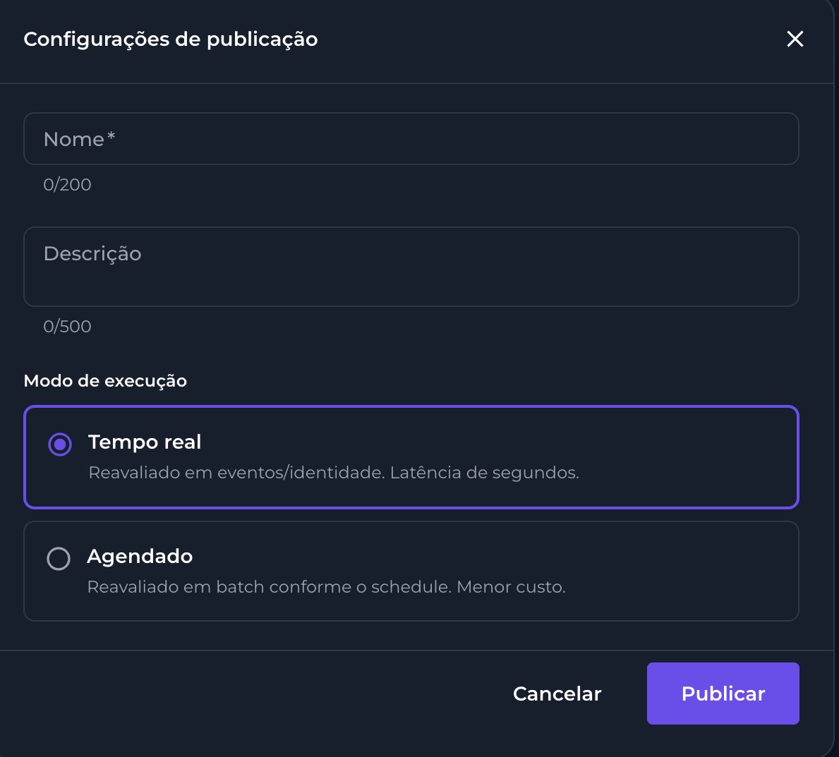 Modal de configurações de publicação do segmento