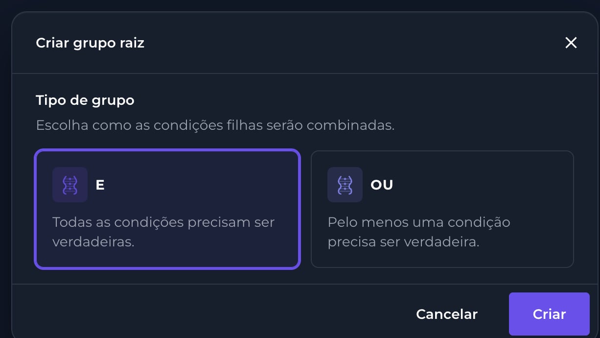 Modal Criar grupo raiz com as opções E e OU