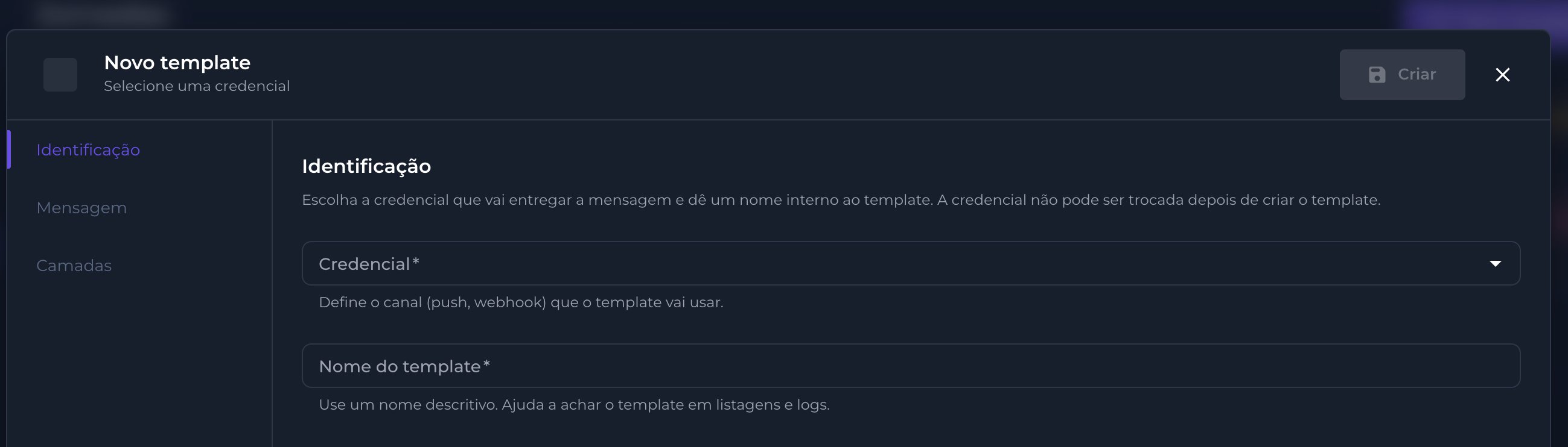Aba Identificação do novo template