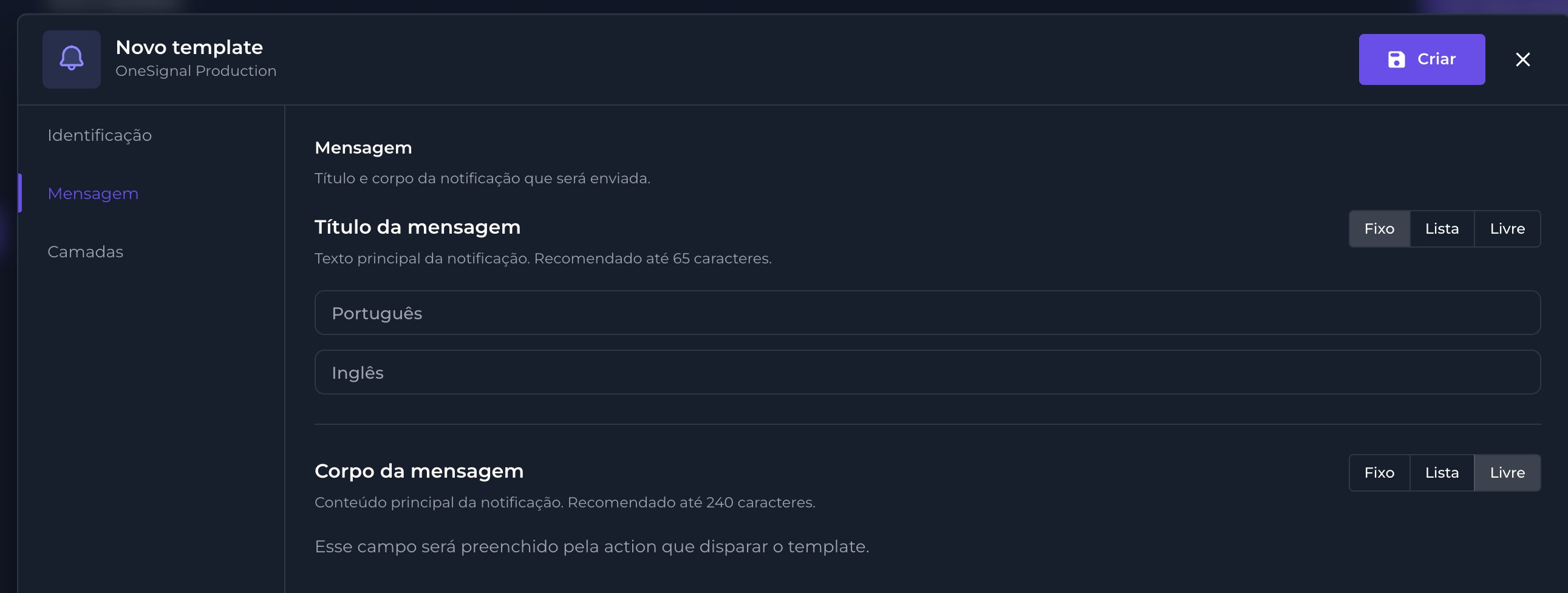 Aba Mensagem do template de push