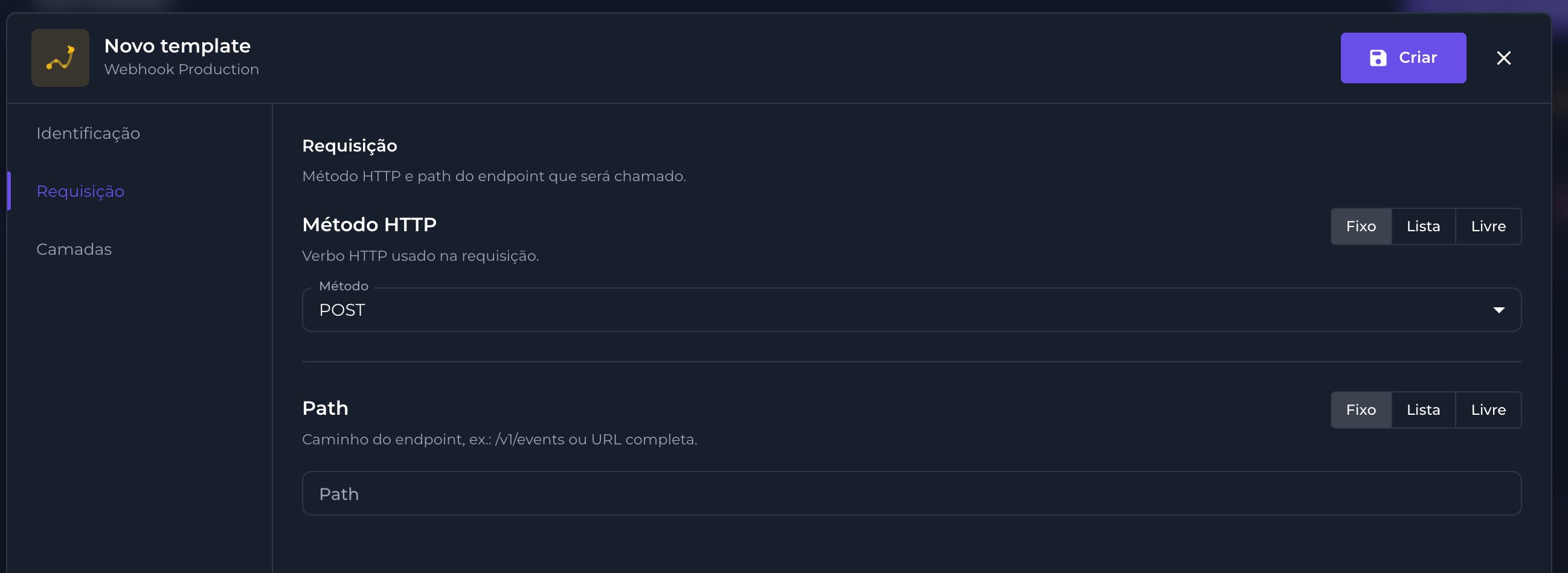 Aba Requisição do template de webhook