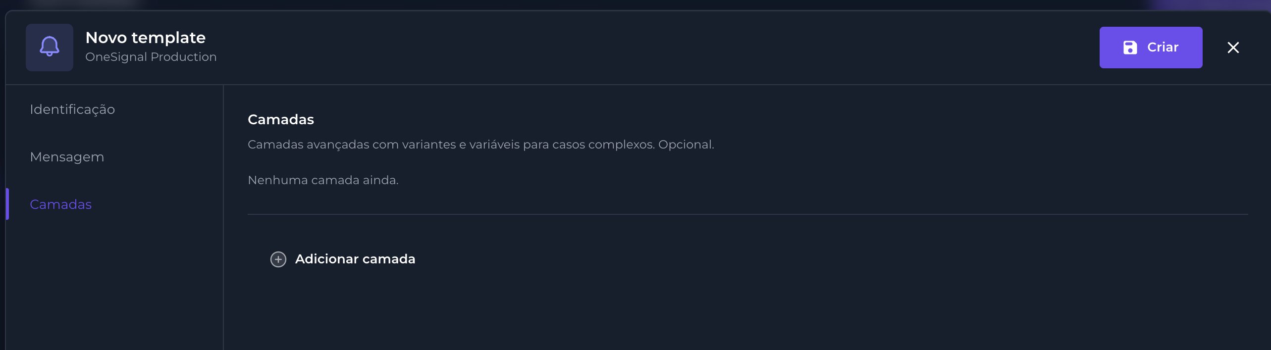 Aba Camadas do template de push