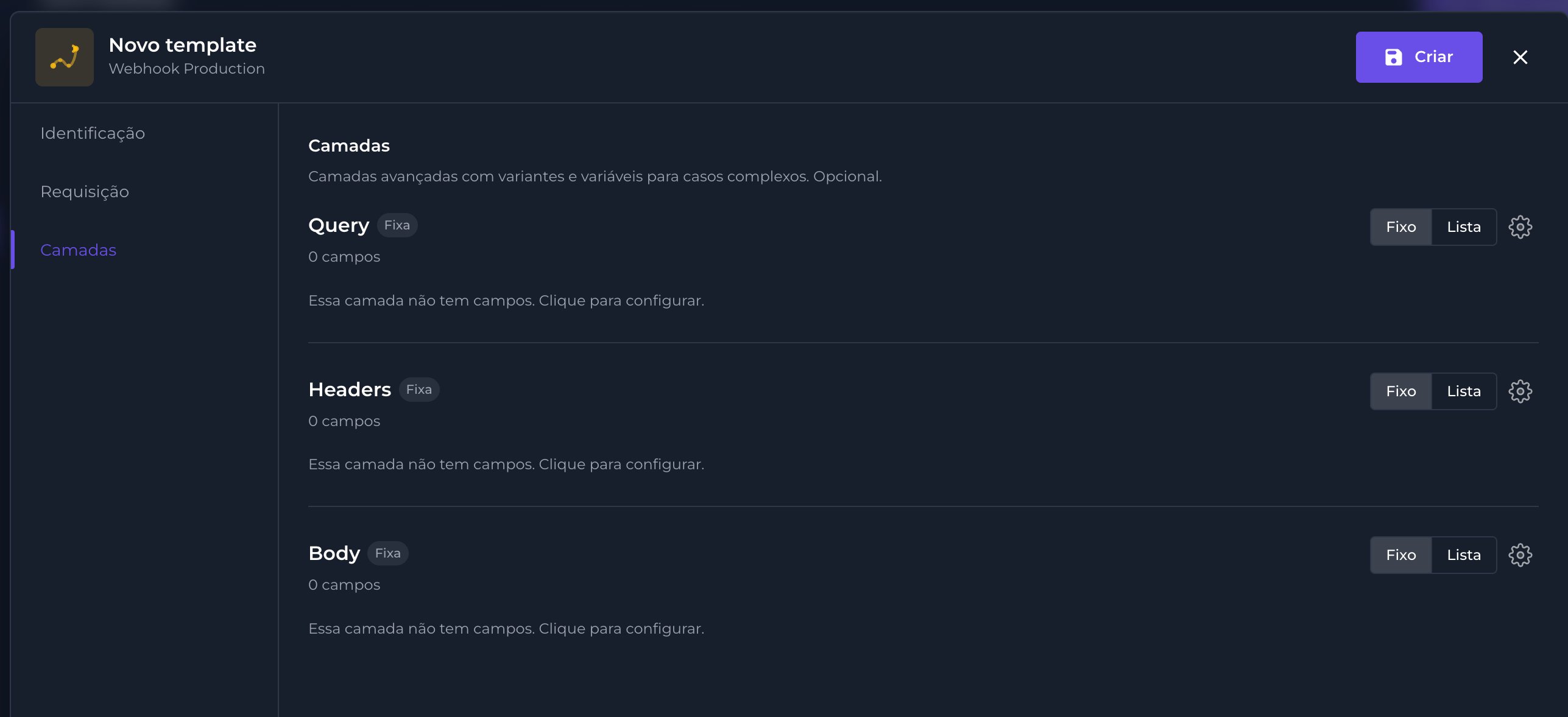 Aba Camadas do template de webhook