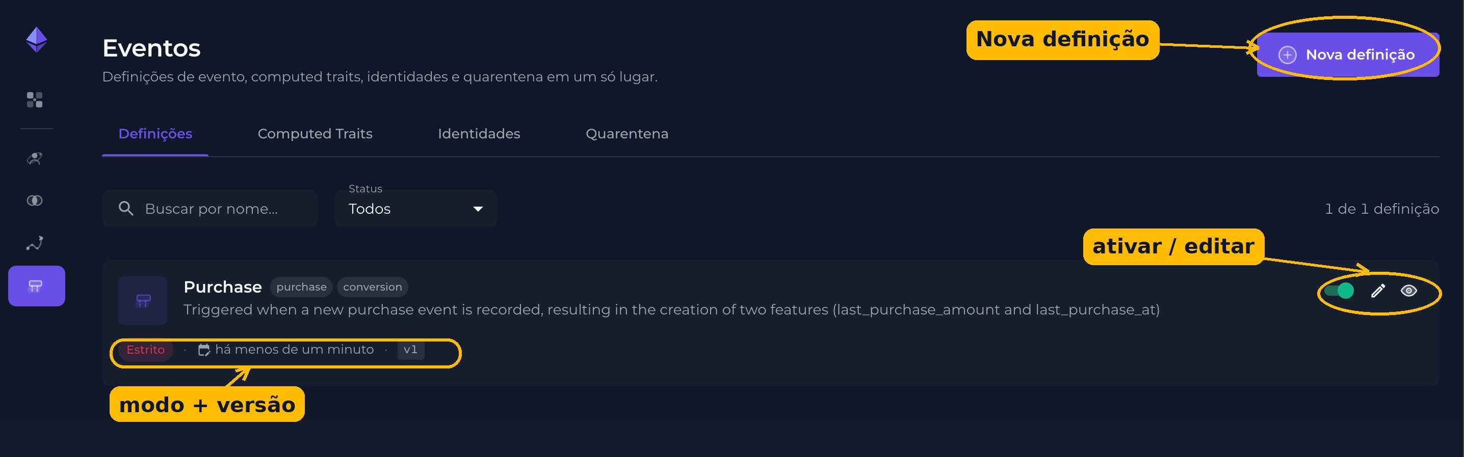 Lista de definições de evento com o botão Nova definição em destaque