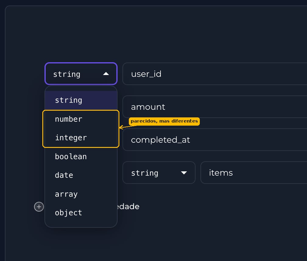Lista de tipos: string, number, integer, boolean, date, array, object