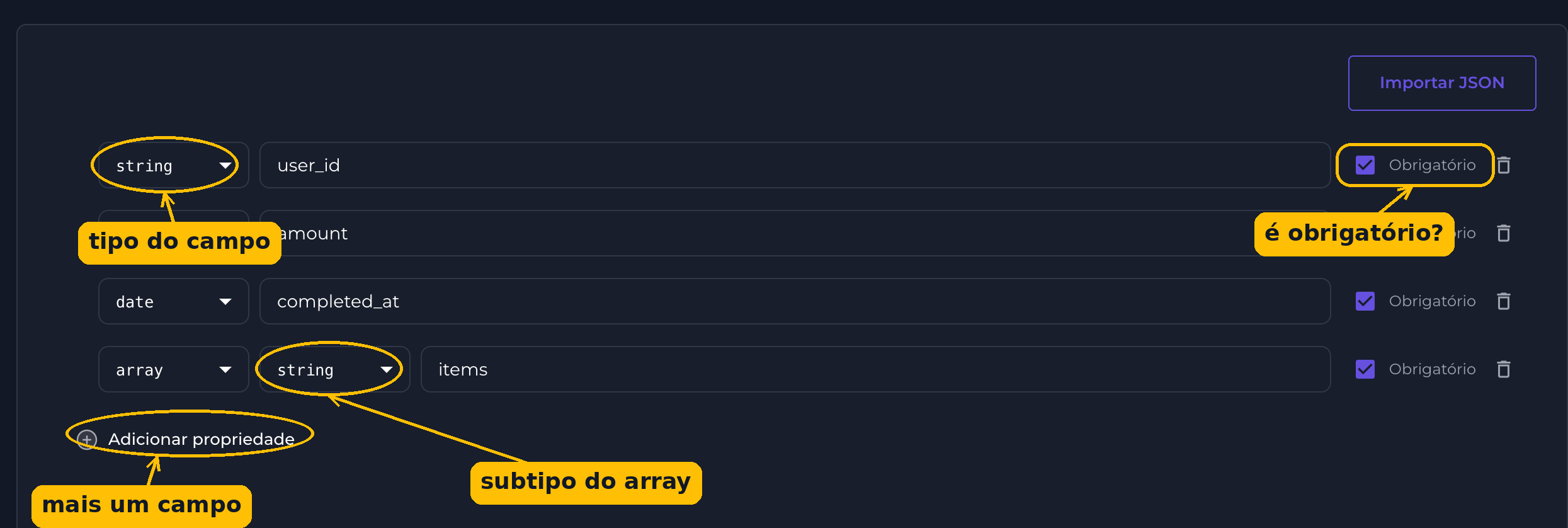 Configuração de campos com tipo, nome e obrigatório